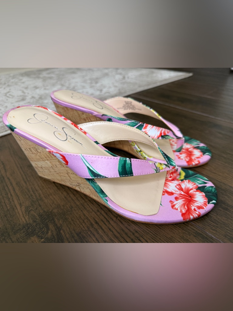 Jessica Simpson Pink Floral Cork Wedge Sandals